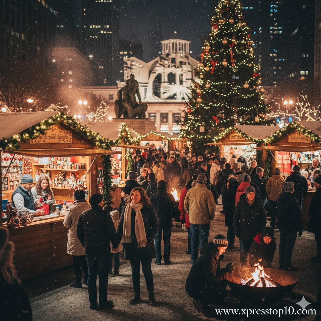 Denver’s Christkindl Market blends mountain-town charm with European tradition. Downtown streets glow with lights, steam rises from food stalls, and visitors gather under heated tents to escape the cold.